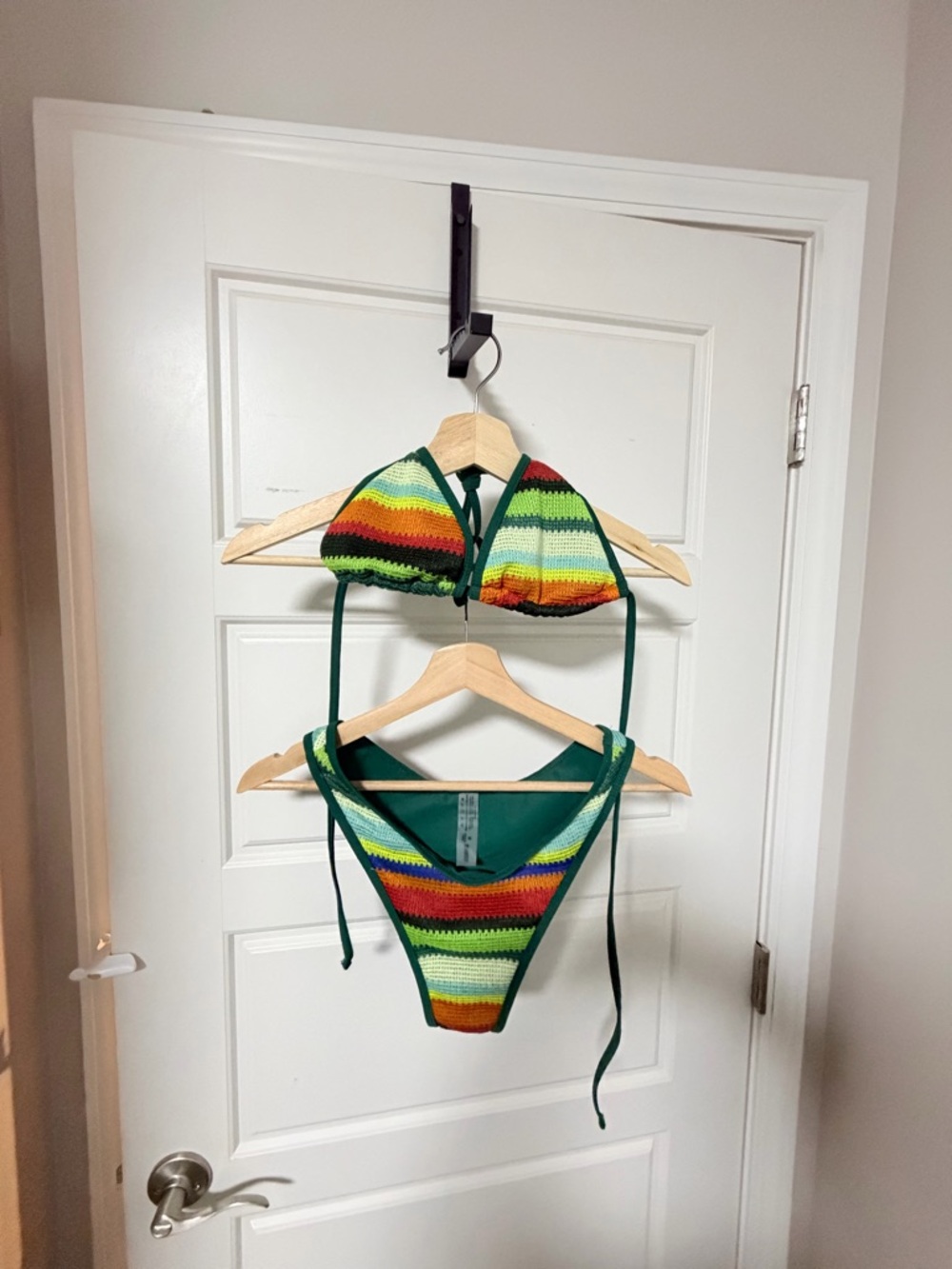 Striped Green Crochet Triangle Bikini Top and Bottom Set